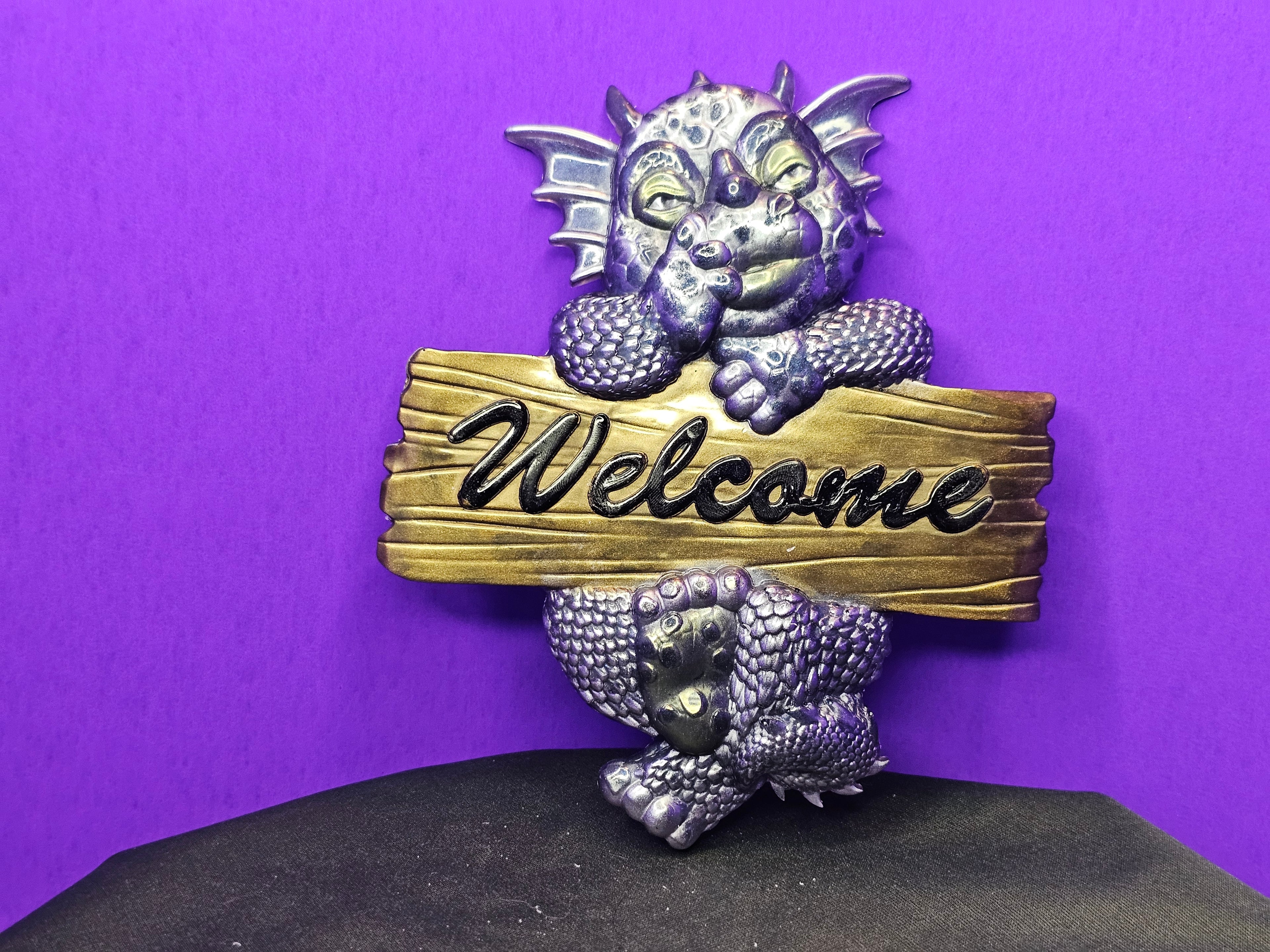 Epoxy Resin Dragon Welcome Sign-Metallic Purple with Black Letters