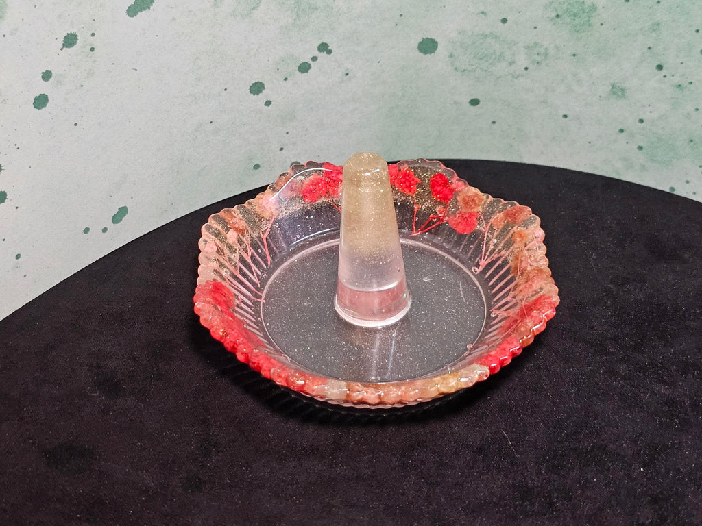 Epoxy Resin Ring Holder- small, round, dried red/pink flowers