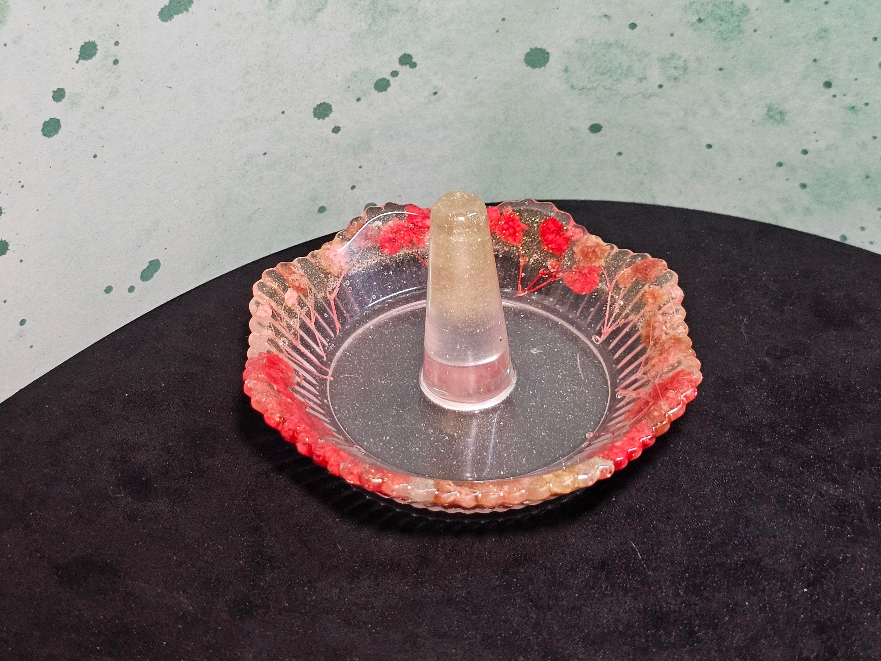 Epoxy Resin Ring Holder- small, round, dried red/pink flowers