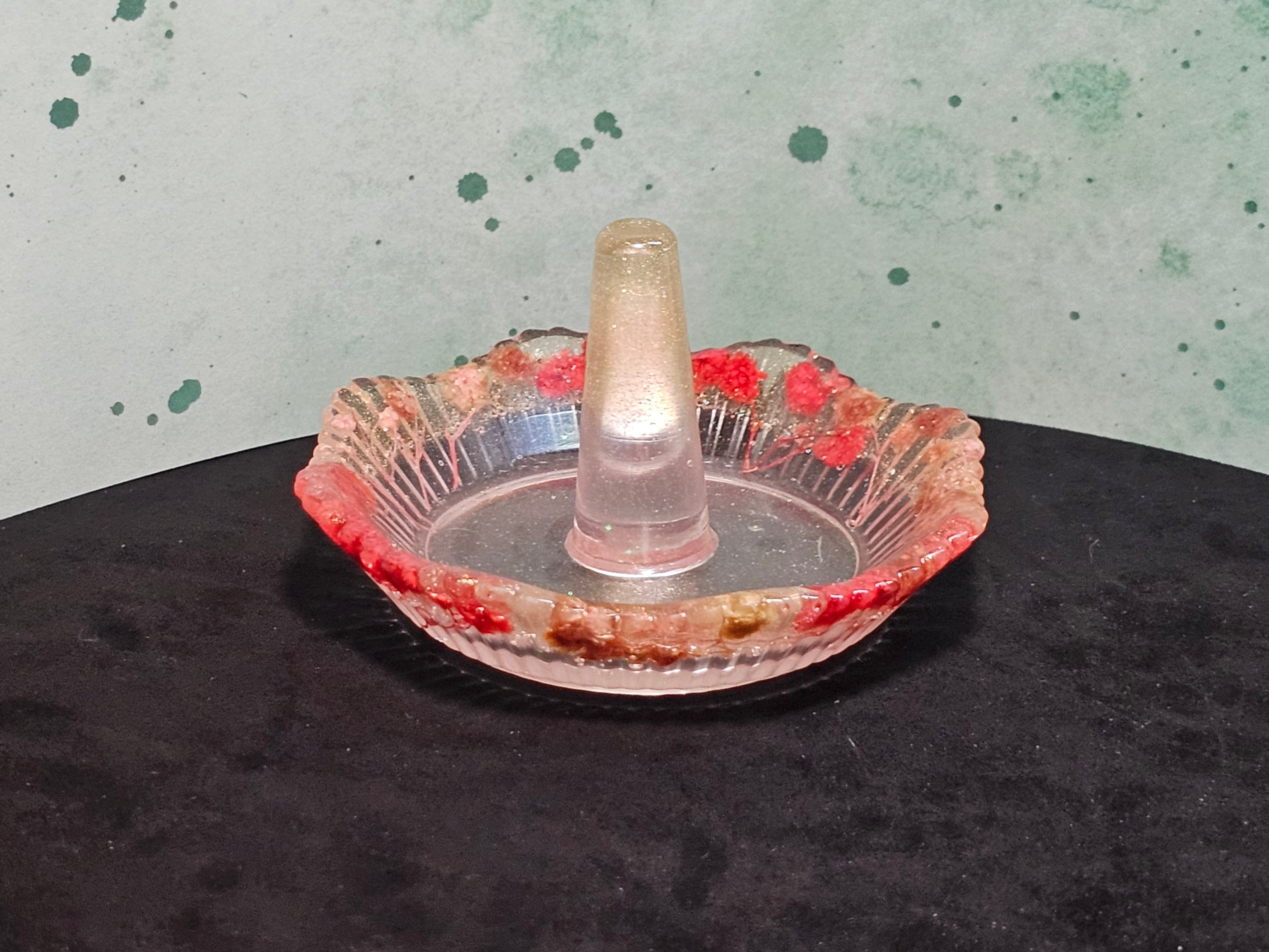 Epoxy Resin Ring Holder- small, round, dried red/pink flowers