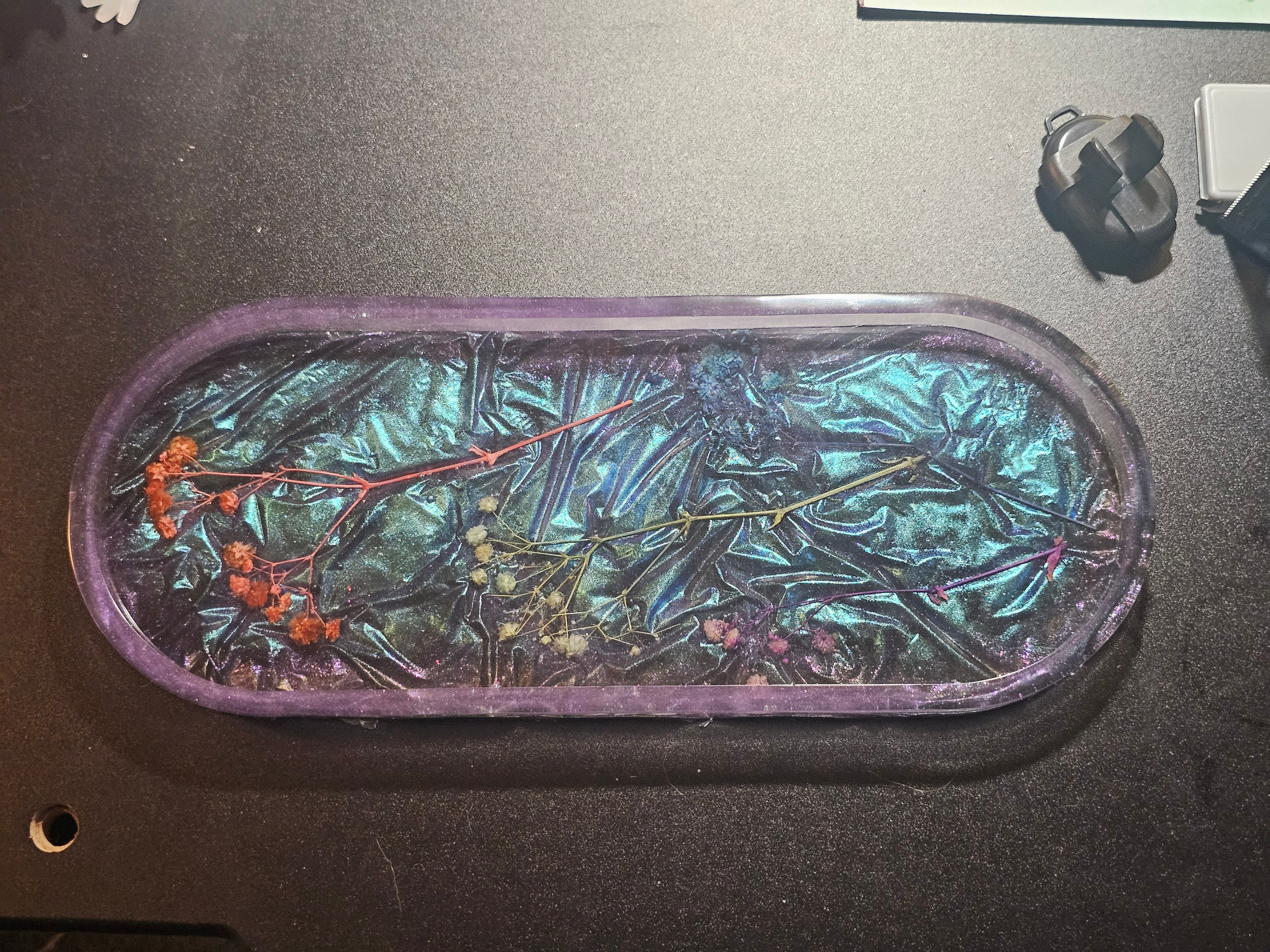 Epoxy Resin Long Oval Tray-Velvet with flowers