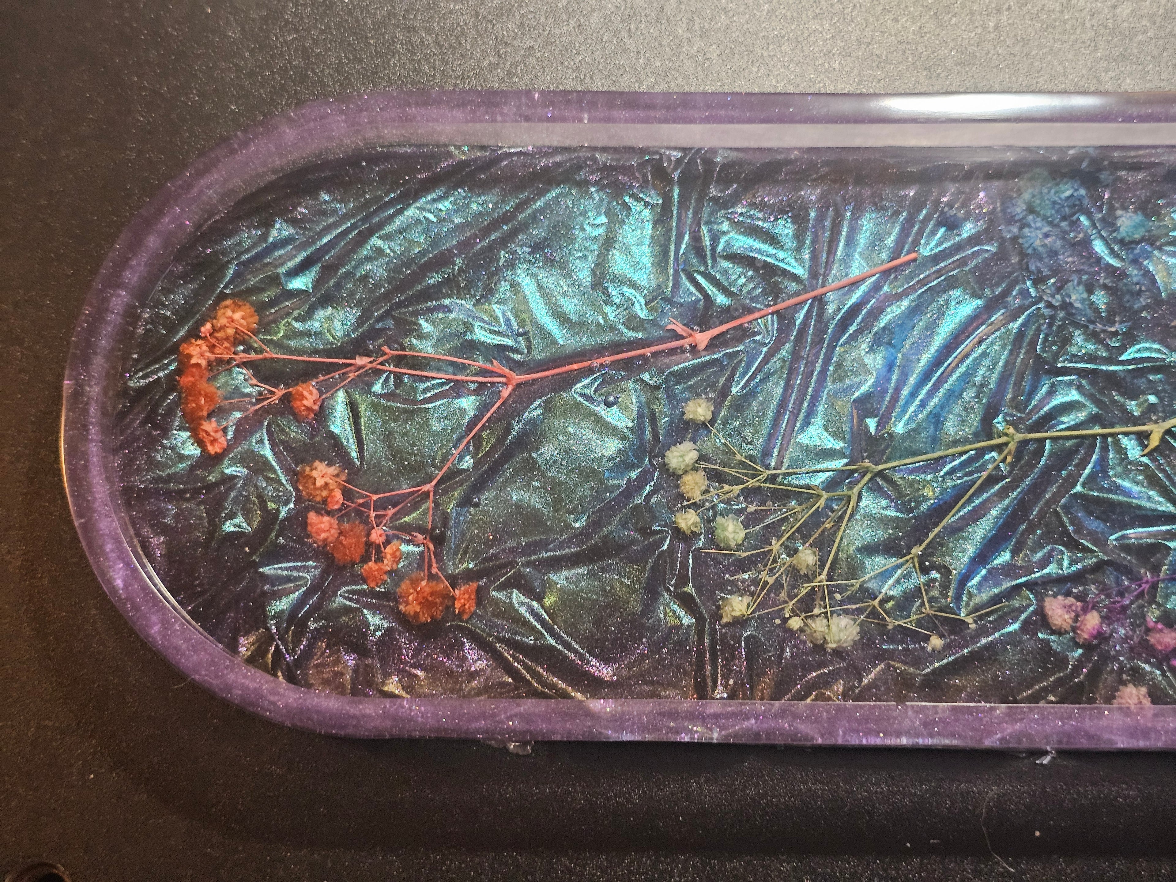 Epoxy Resin Long Oval Tray-Velvet with flowers